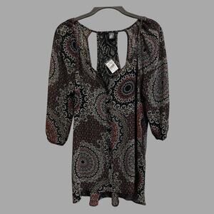 Y2K Tilly’s Fulltilt Gypsy Artsy Boho Semi Sheer Lace Detail Tunic Blouse Size L